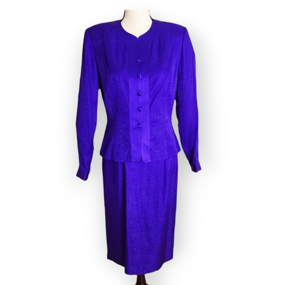 Vintage 80s Adrianna Papell Royal Blue 100% Silk 2 Piece Suit Jacket & Skirt 8 - Picture 1 of 6